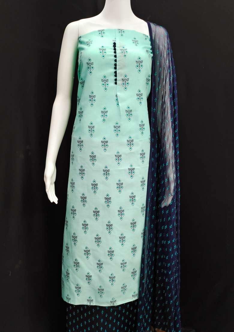 Sea Green Printed Cotton Straight Kurta Set - Indya