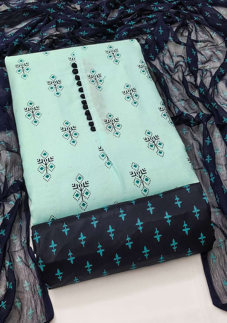 Sea Green Printed Cotton Straight Kurta Set - Indya