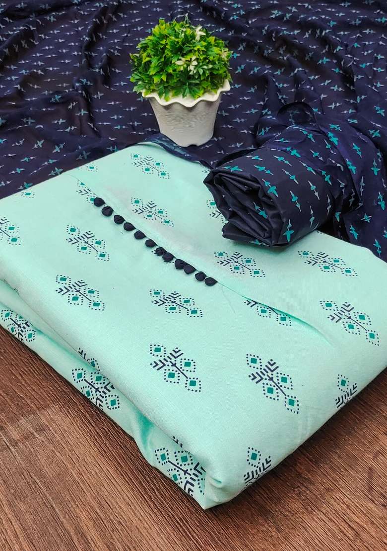 Sea Green Printed Cotton Straight Kurta Set - Indya