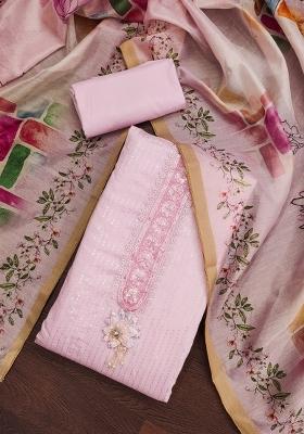 Pink Embroidered Silk Dress Material