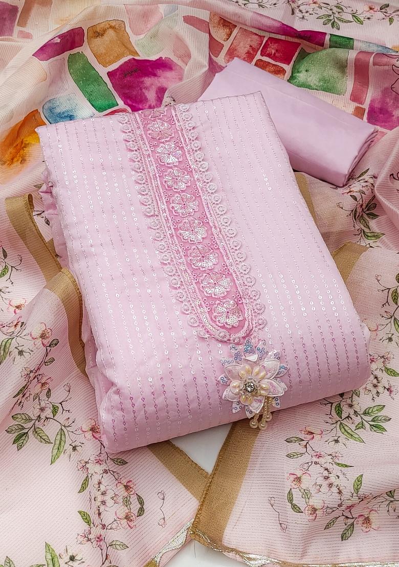 Pink Embroidered Silk Dress Material