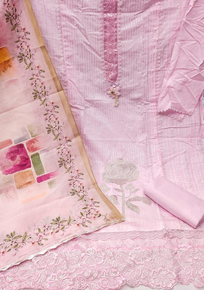 Pink Embroidered Silk Dress Material