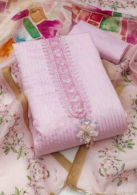 Pink Embroidered Silk Dress Material