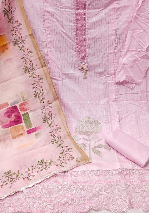 Pink Embroidered Silk Dress Material