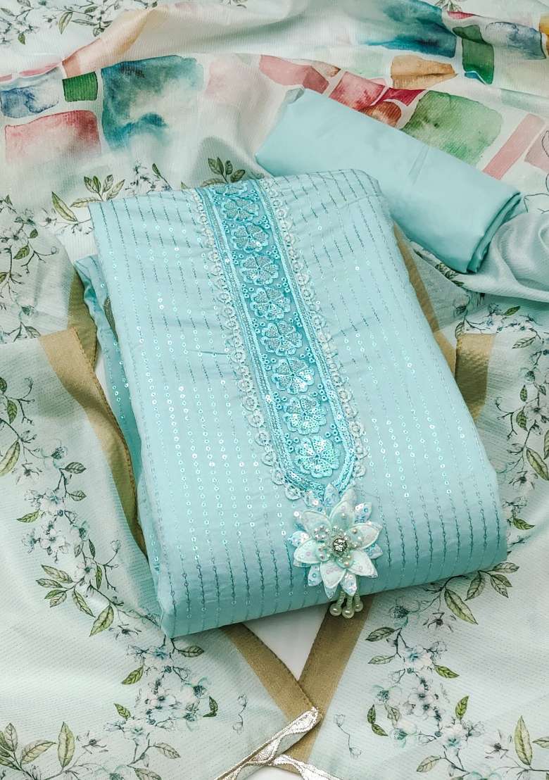 Sea Green Embroidered Silk Blend Dress Material - Indya