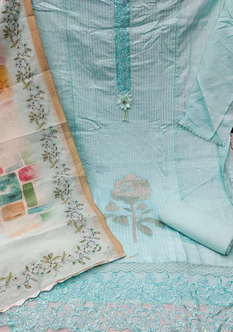 Sea Green Embroidered Silk Blend Dress Material - Indya