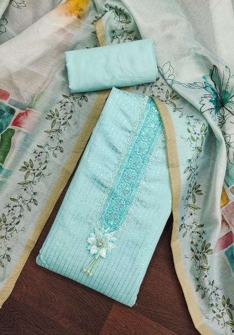Sea Green Embroidered Silk Dress Material — view on Indya