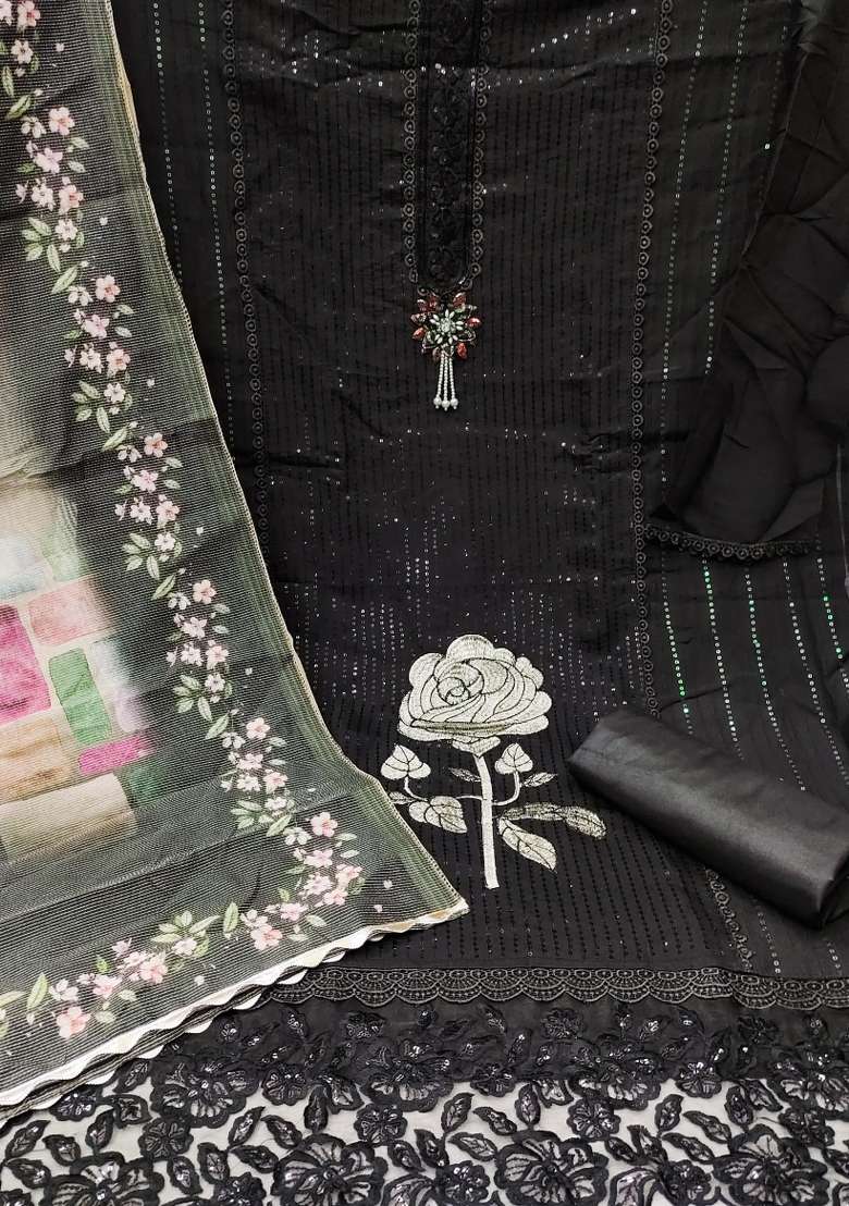Black Embroidered Silk Blend Straight Kurta Set - Indya