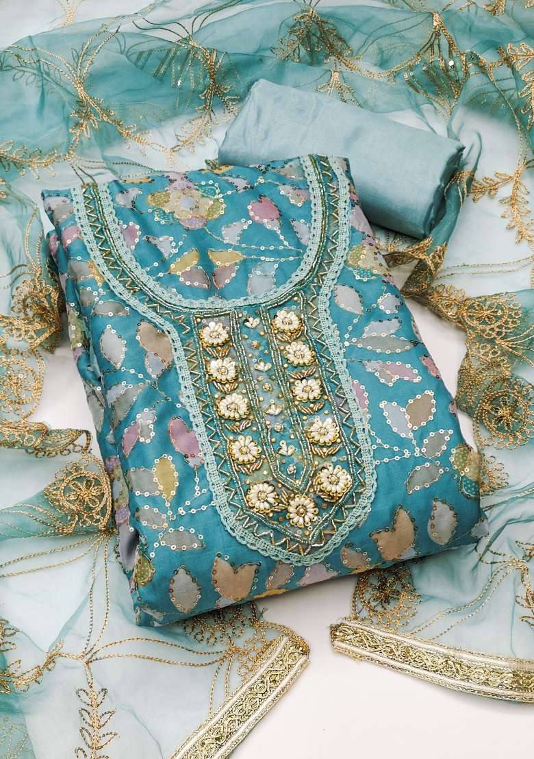 Sea Green Embroidered Viscose Straight Kurta Set - Indya