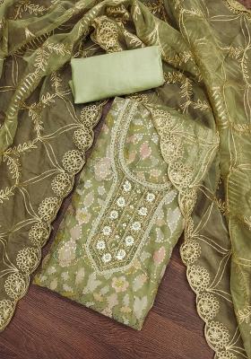 Olive Green Embroidered Viscose Dress Material