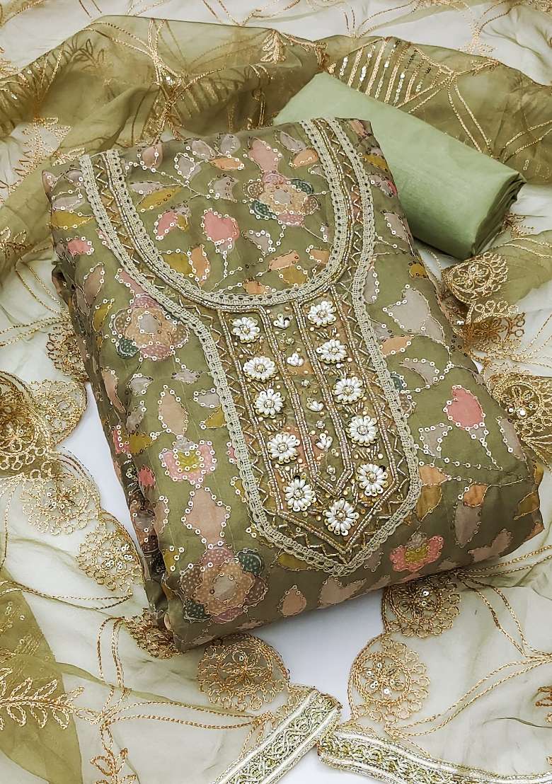 Olive Green Embroidered Viscose Straight Kurta Set - Indya