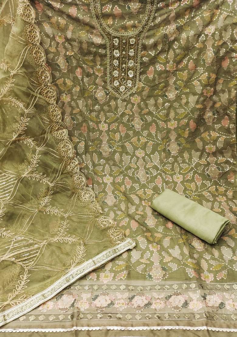 Olive Green Embroidered Viscose Straight Kurta Set - Indya