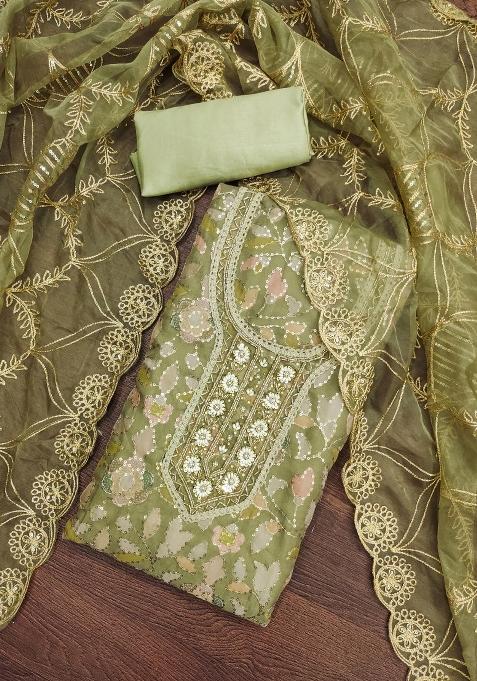 Olive Green Embroidered Viscose Dress Material