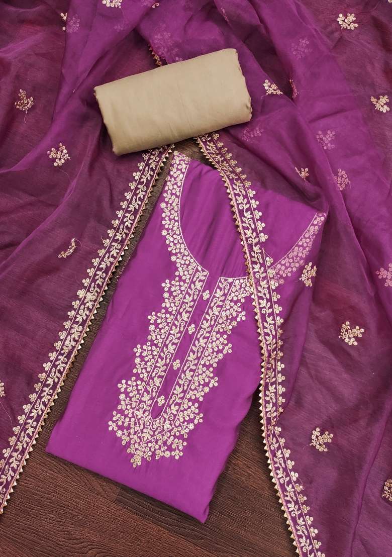 Purple Embroidered Silk Blend Straight Kurta Set - Indya