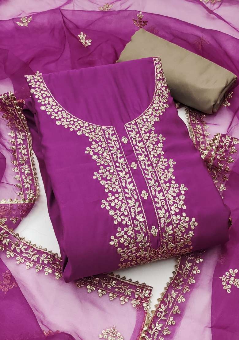Purple Embroidered Silk Blend Straight Kurta Set - Indya