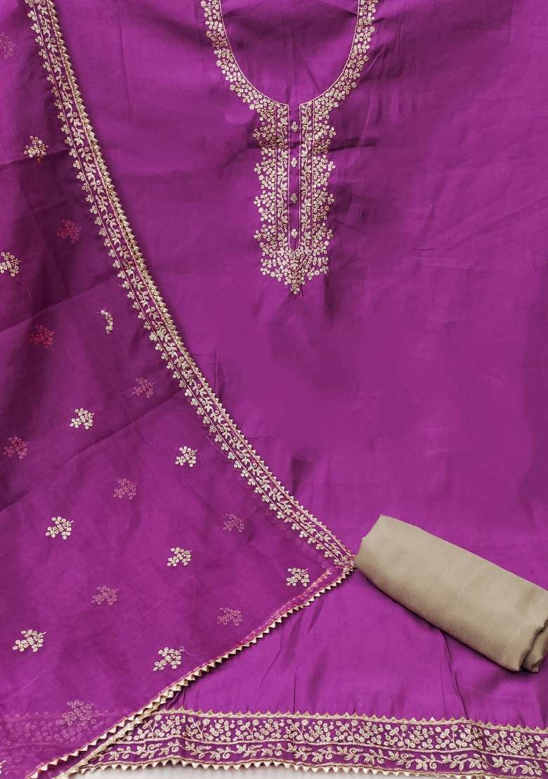 Purple Embroidered Silk Blend Straight Kurta Set - Indya