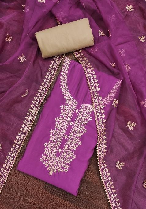 Purple Embroidered Silk Straight Kurta Set