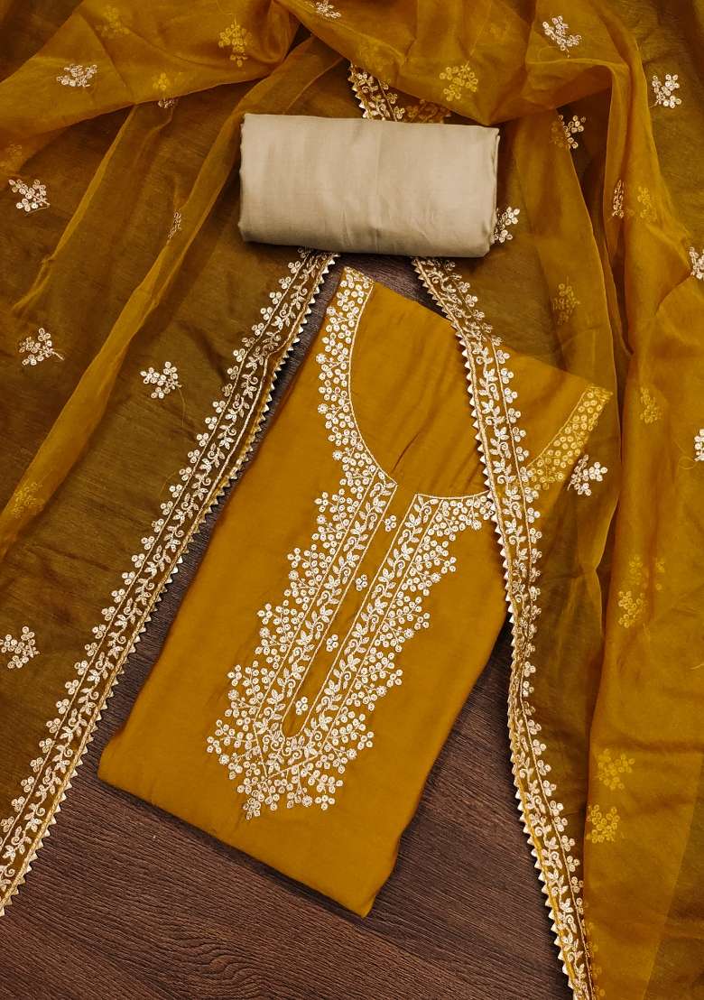 Mustard Embroidered Silk Blend Straight Kurta Set - Indya