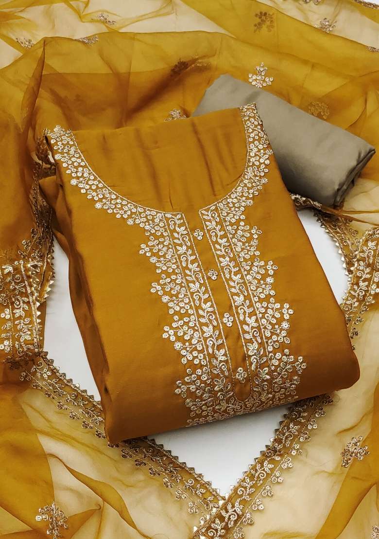 Mustard Embroidered Silk Blend Straight Kurta Set - Indya