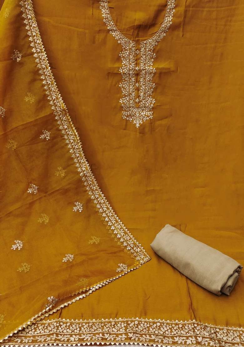 Mustard Embroidered Silk Blend Straight Kurta Set - Indya