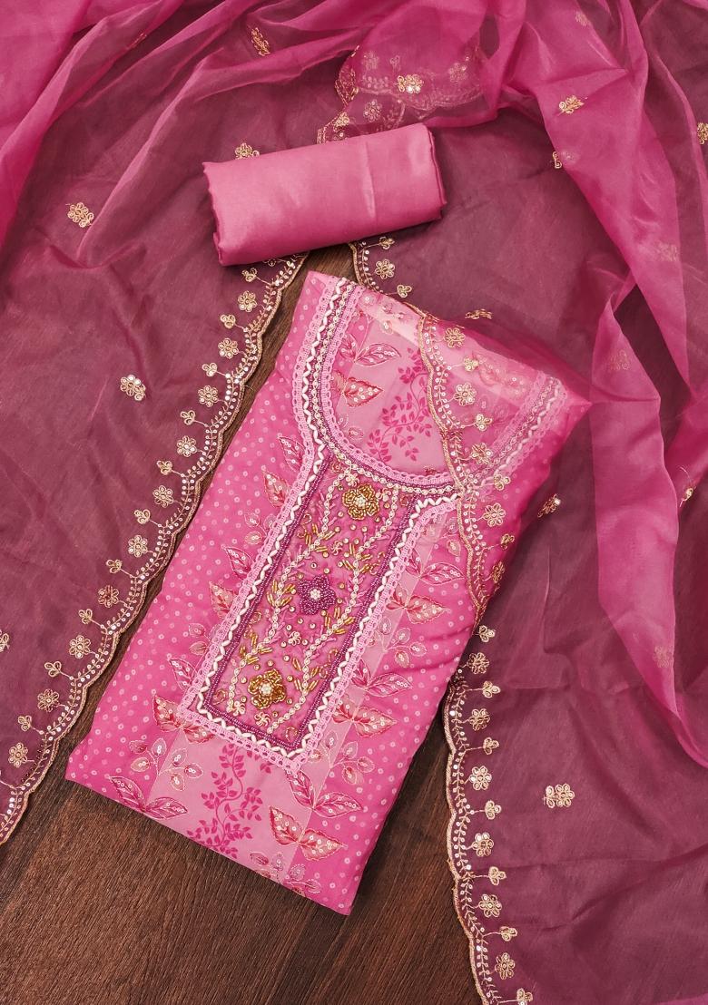 Pink Embroidered Viscose Dress Material