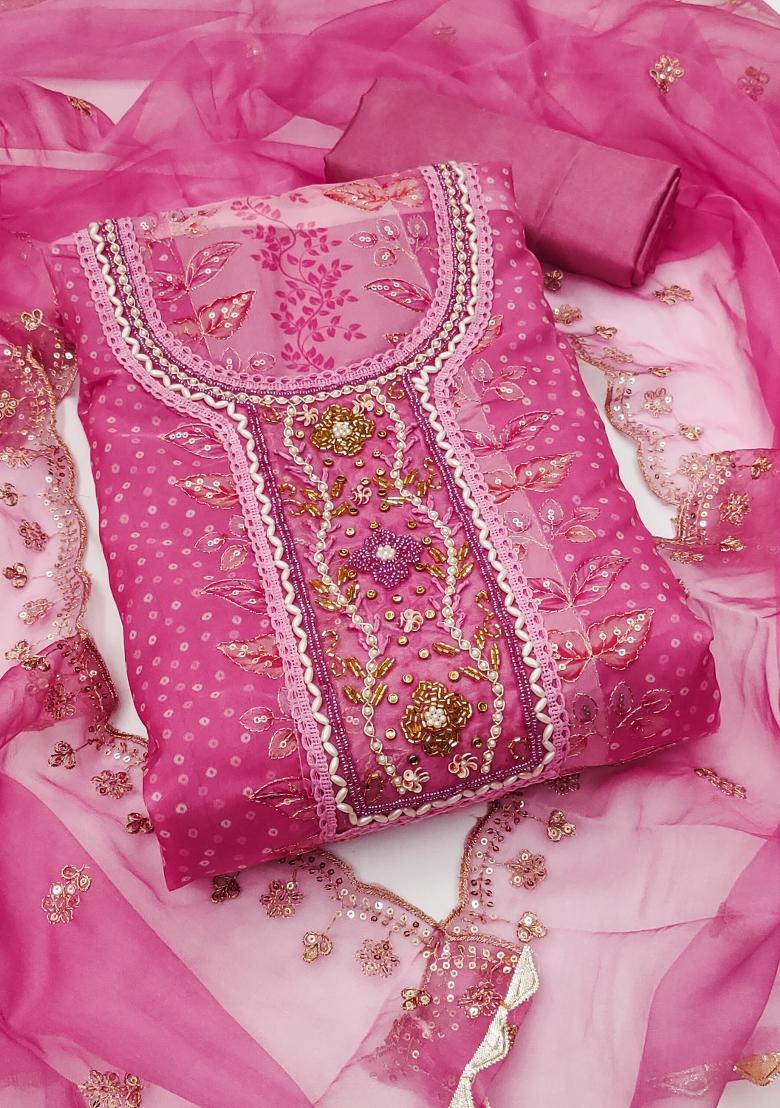 Pink Embroidered Viscose Dress Material