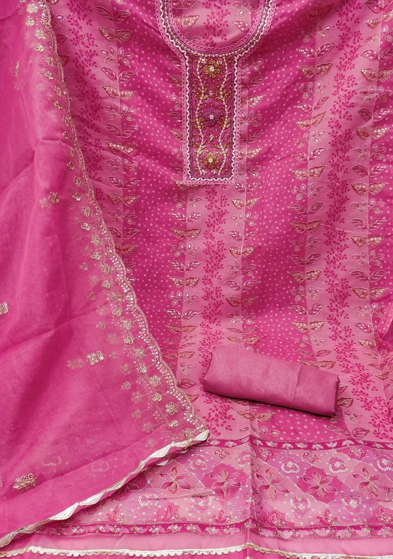 Pink Embroidered Viscose Dress Material