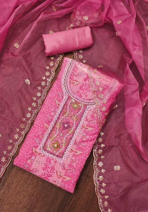 Pink Embroidered Viscose Dress Material