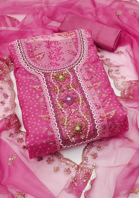 Pink Embroidered Viscose Dress Material