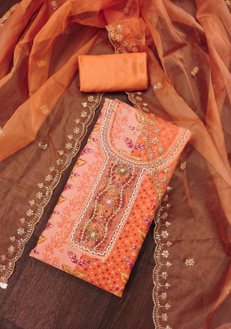 Peach Embroidered Viscose Dress Material