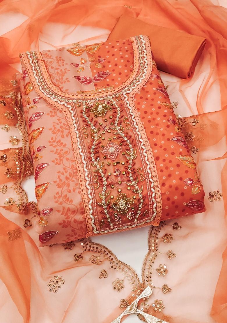 Peach Embroidered Viscose Dress Material