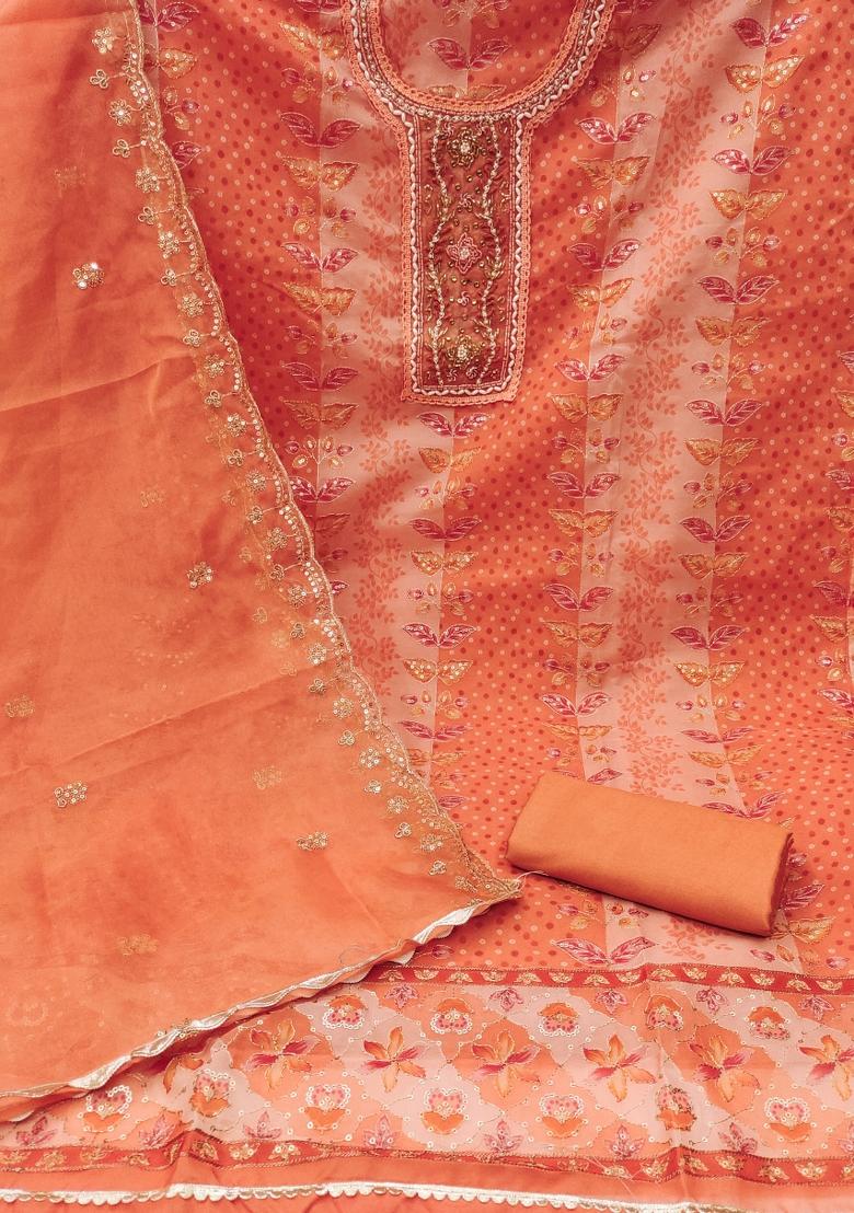 Peach Embroidered Viscose Dress Material