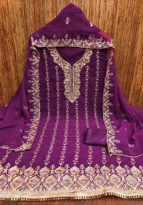 Purple Embroidered Georgette Dress Material