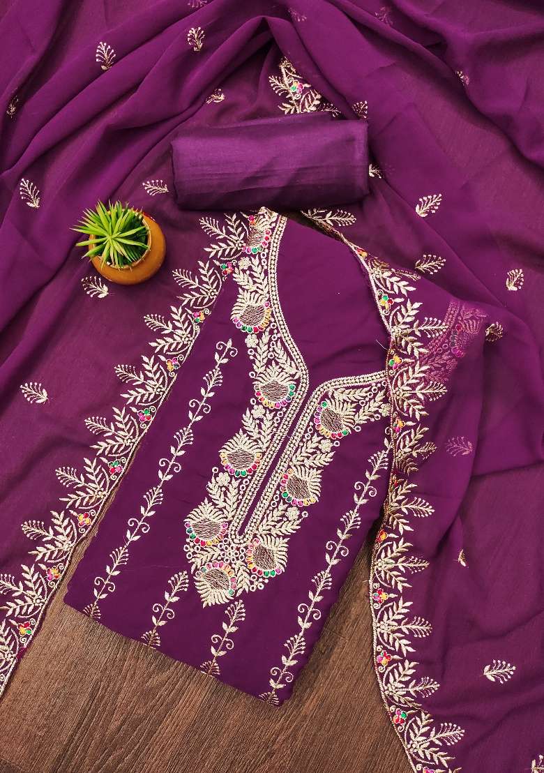 Purple Embroidered Georgette Pakistani Suit Set - Indya