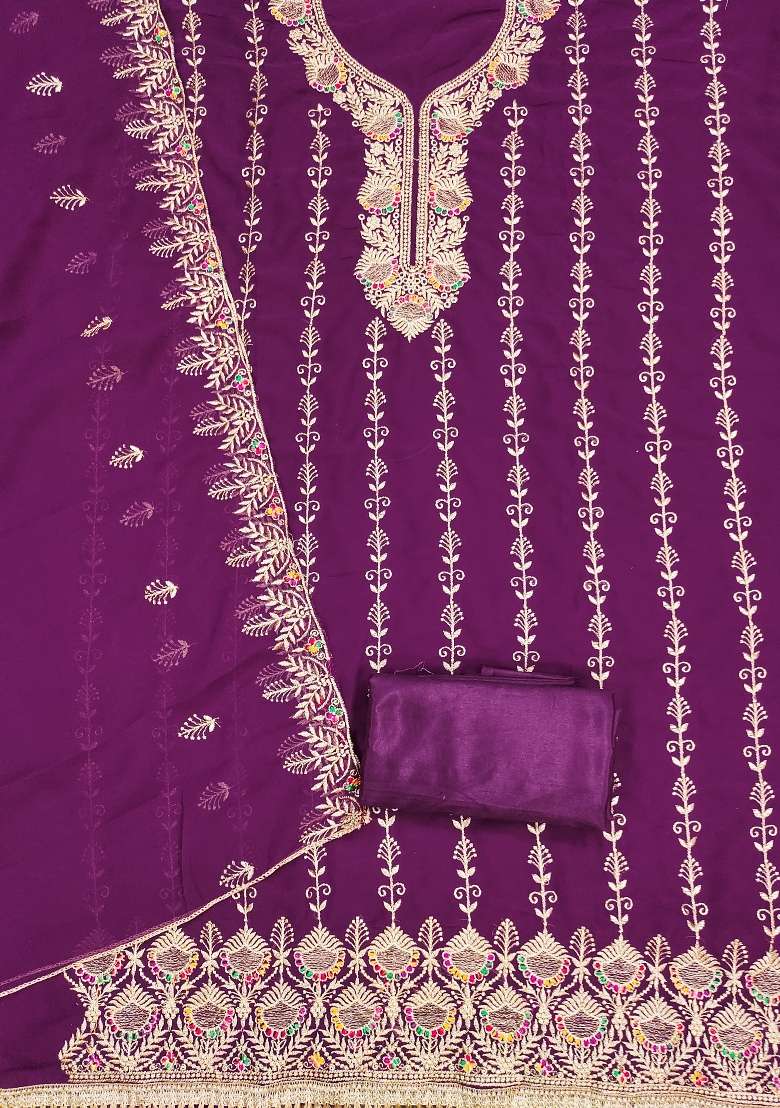 Purple Embroidered Georgette Pakistani Suit Set - Indya