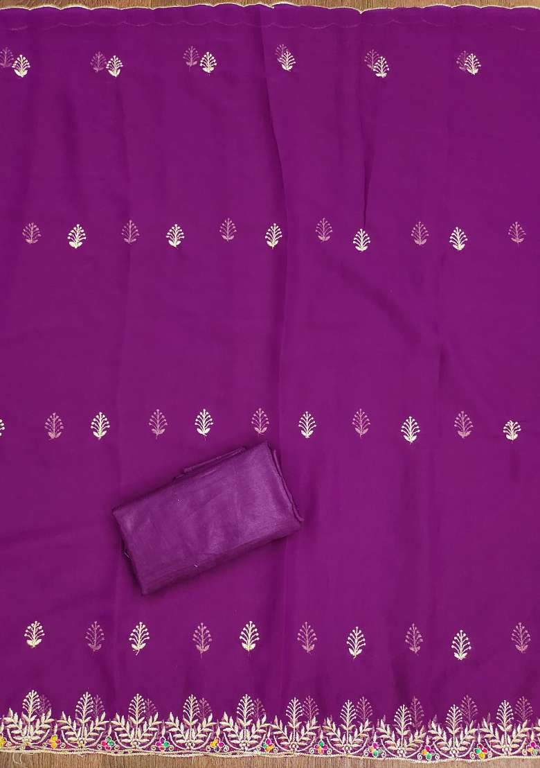Purple Embroidered Georgette Pakistani Suit Set - Indya
