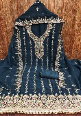 Teal Blue Embroidered Georgette Dress Material