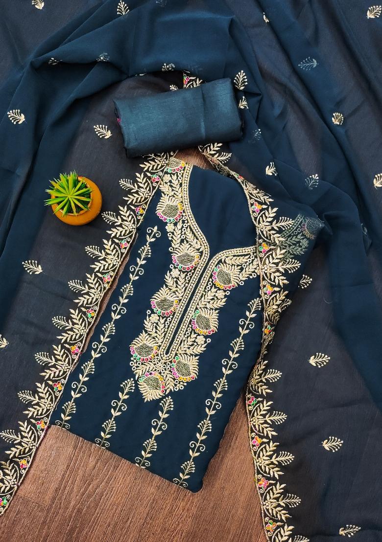 Teal Blue Embroidered Georgette Dress Material