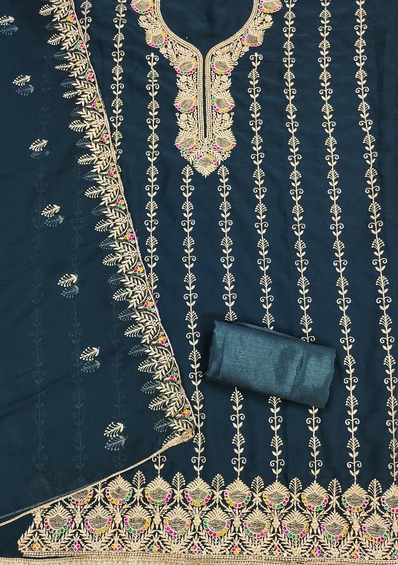 Teal Blue Embroidered Georgette Dress Material