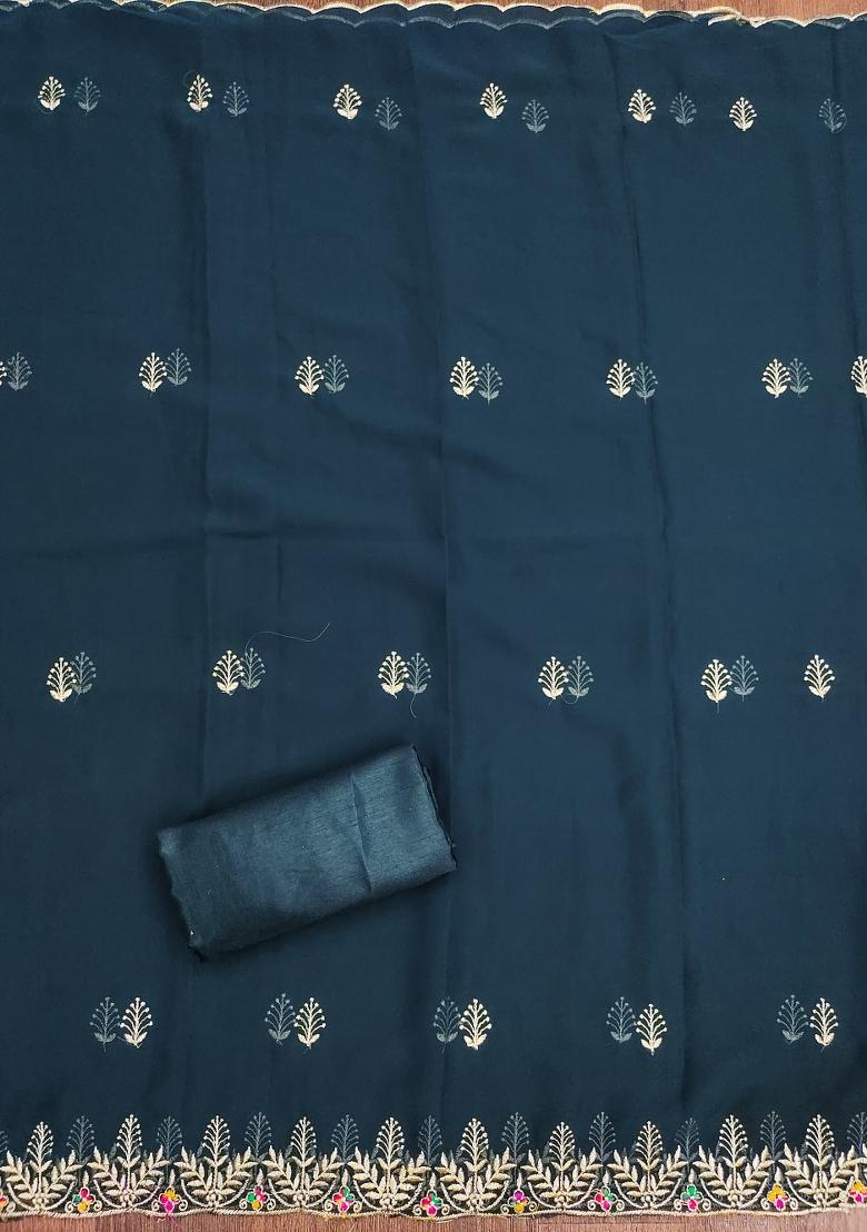 Teal Blue Embroidered Georgette Dress Material