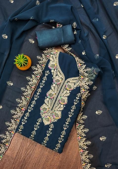 Teal Blue Embroidered Georgette Dress Material