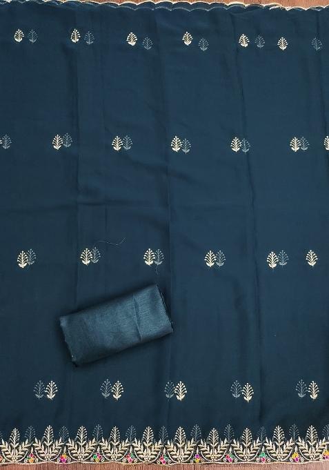 Teal Blue Embroidered Georgette Dress Material