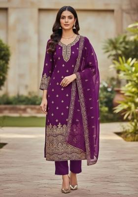 Purple Embroidered Georgette Dress Material