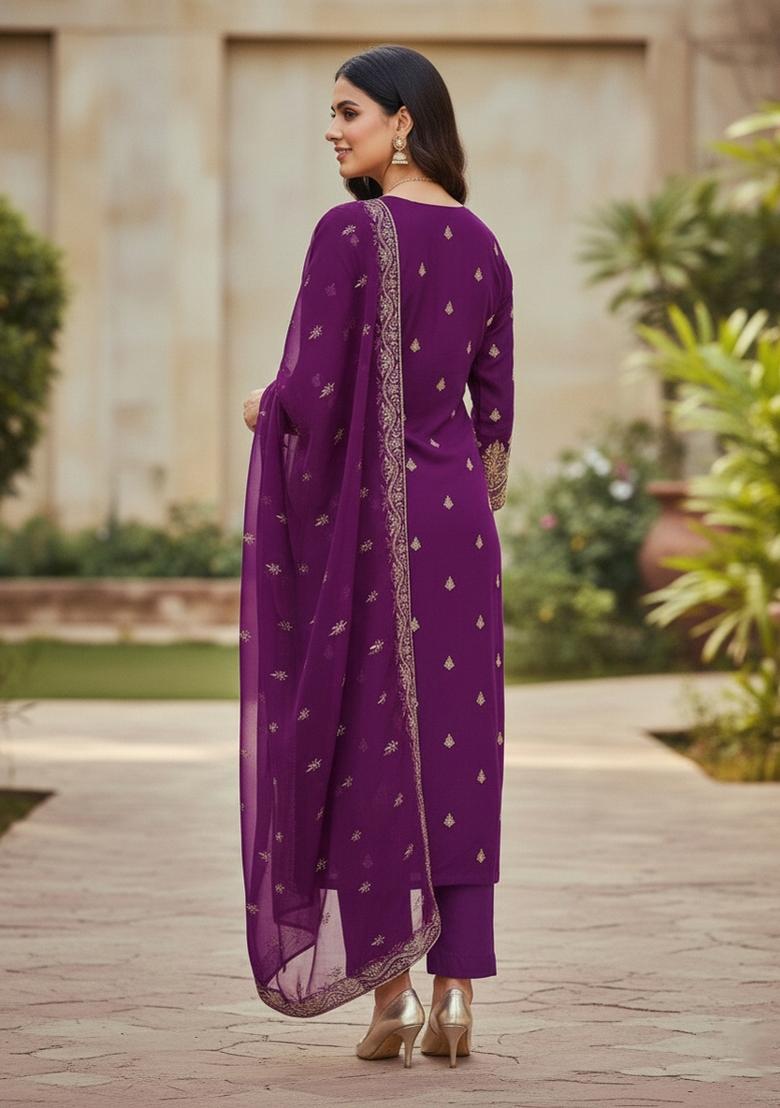 Purple Embroidered Georgette Dress Material - Indya
