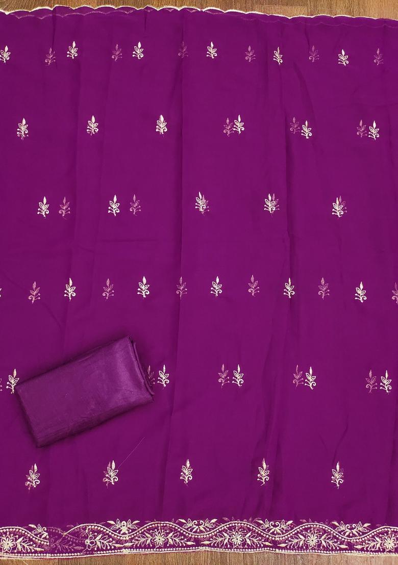 Purple Embroidered Georgette Dress Material - Indya