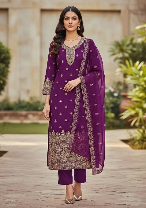 Purple Embroidered Georgette Dress Material
