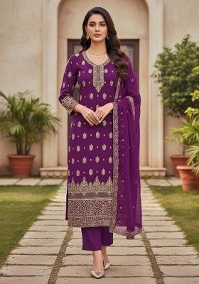 Purple Embroidered Georgette Dress Material