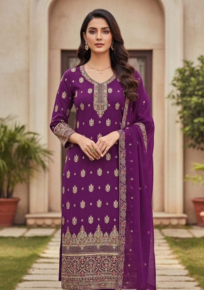Purple Embroidered Georgette Dress Material - Indya