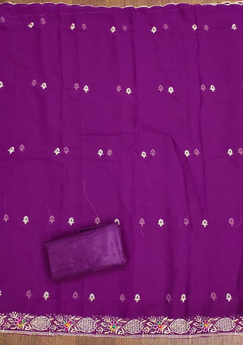Purple Embroidered Georgette Dress Material - Indya