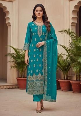 Sea Green Embroidered Georgette Dress Material